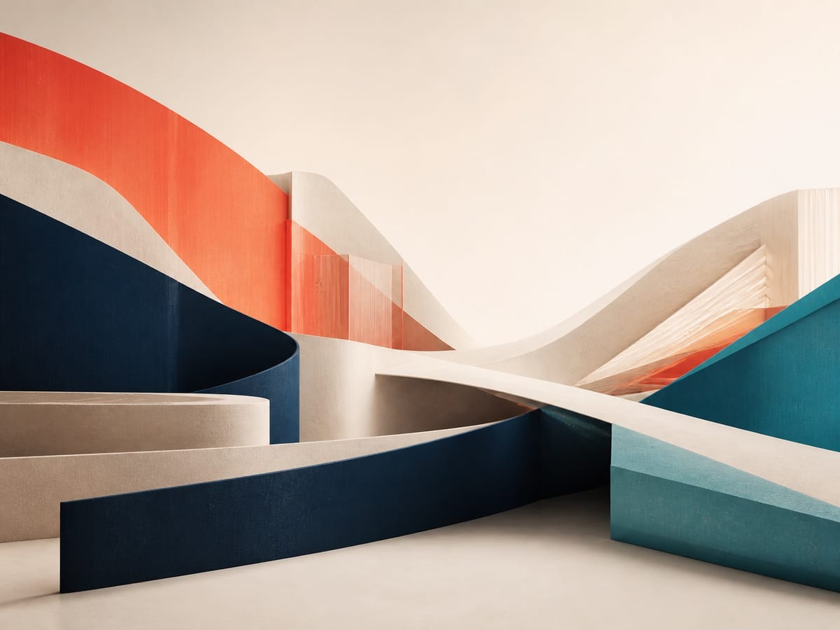 Three-dimensional architectural forms in HubSpot-inspired coral, navy and teal colors